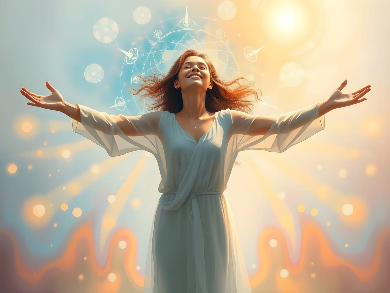 Woman embracing sunlight with joyful expression and open arms.