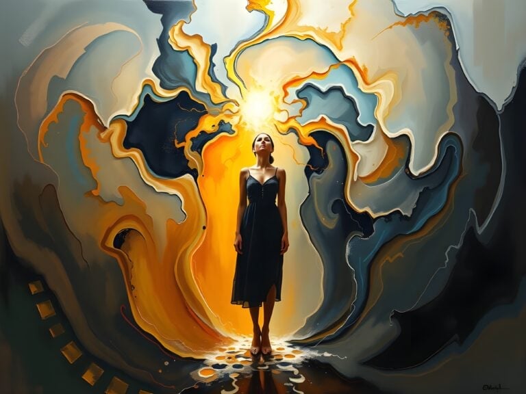 Belief Systems | Woman amidst swirling abstract colorful shapes