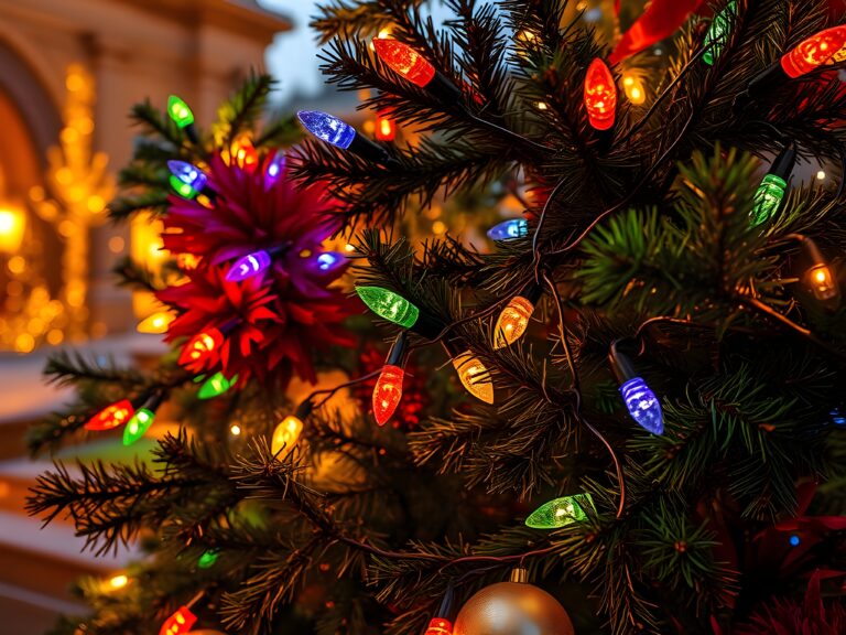 Colorful Christmas lights on tree with festive ornaments