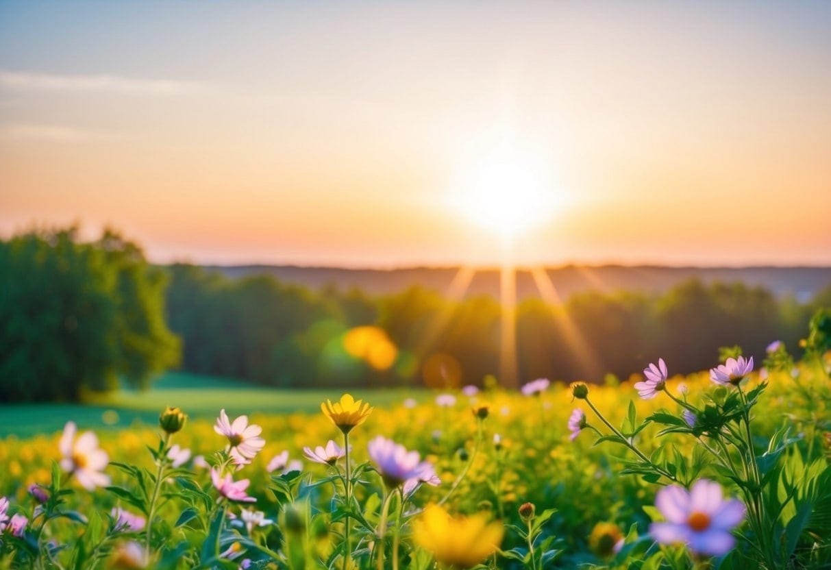 d77b98bb b1c4 4d98 bf96 711881a14a2b Sunset over vibrant wildflower meadow