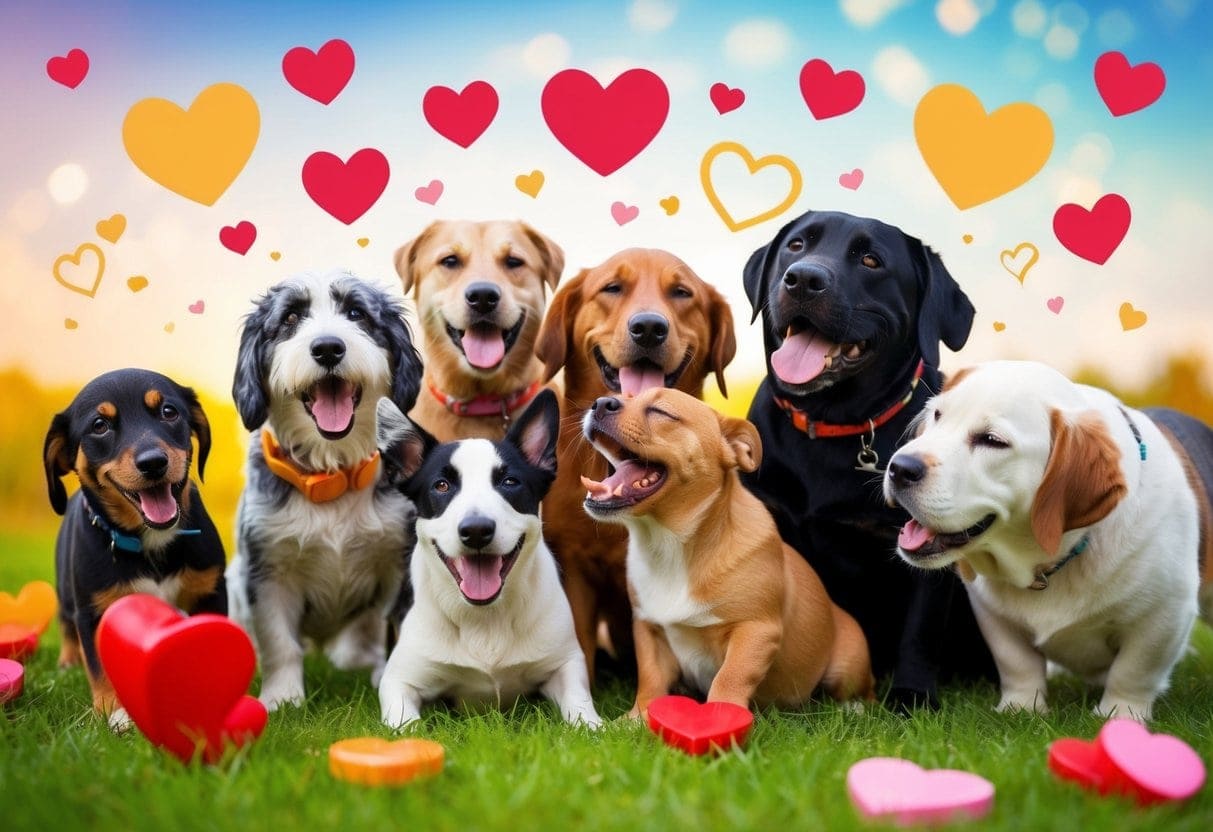 decfcc53 bcbc 49f0 a5c8 ef0d77532371 Happy dogs with hearts on a sunny field