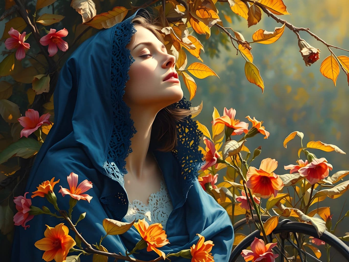 life is a precious opportunity 1 Journey of Life | Woman in blue hood serene among vibrant autumn flowers