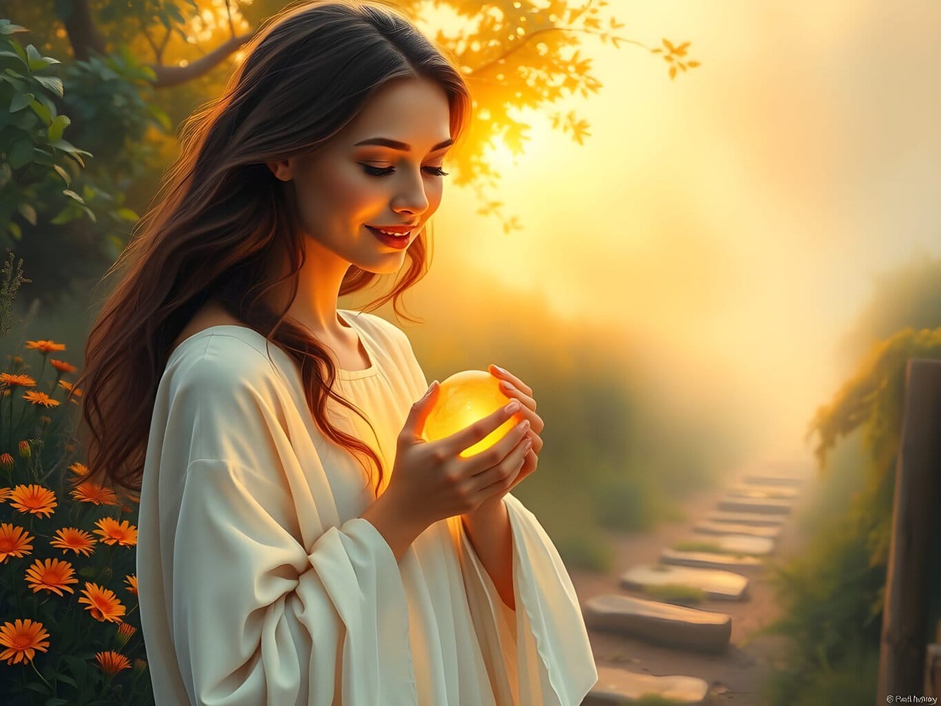 life is a precious opportunity 2 Journey of Life | Woman holding light orb at sunset in floral path