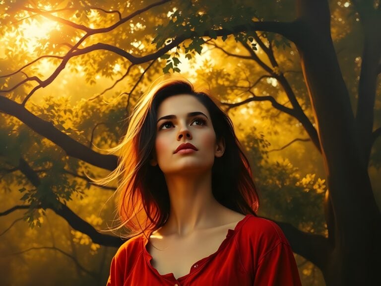 Journey of Life | Woman in red under sunlit golden autumn trees