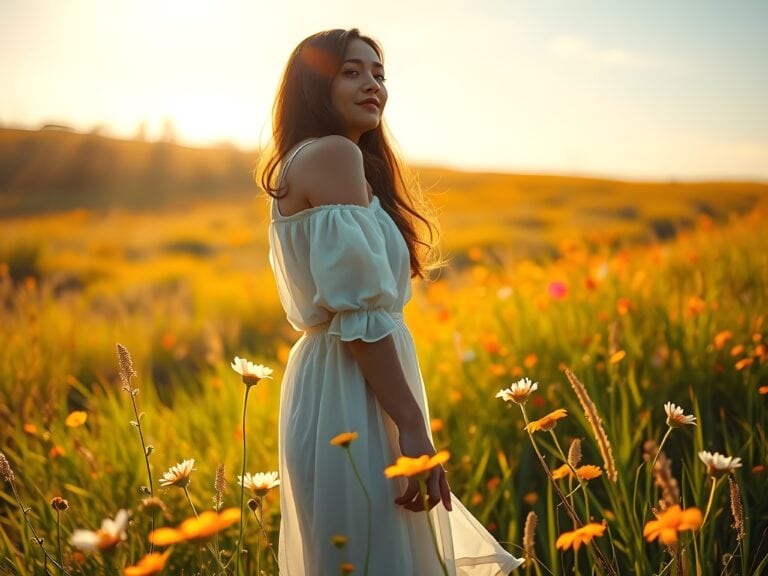 Woman in flowing dress enjoys sunset in flower field