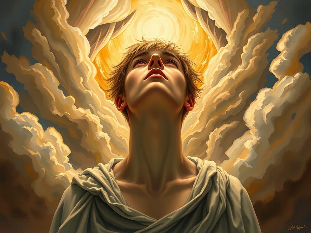Oversoul Seven Trilogy | Artistic portrayal of person gazing upwards at radiant clouds