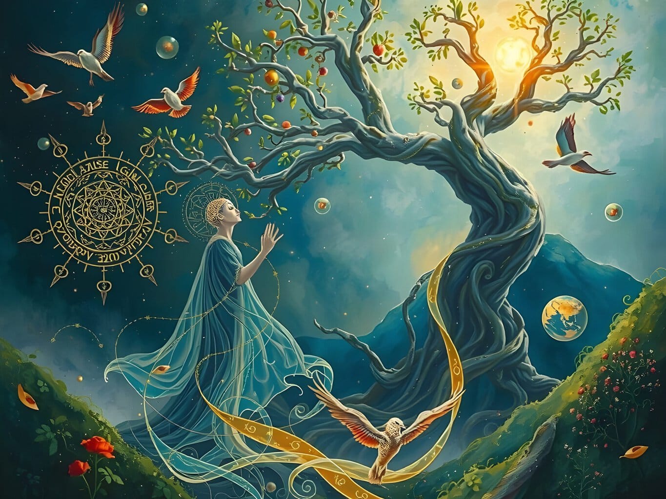 the point of death | Mystical artwork of woman, tree with celestial motifs