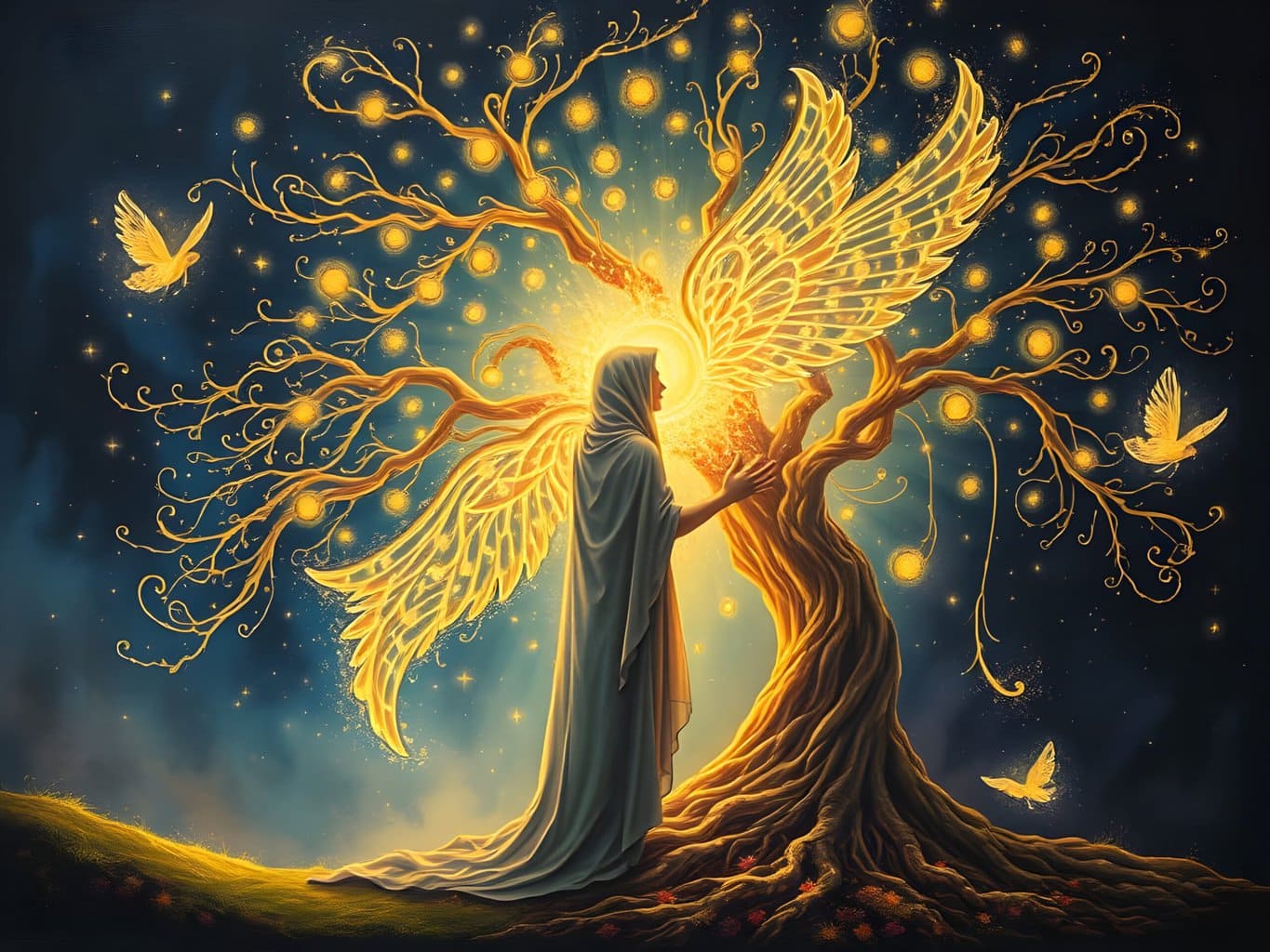 the point of death | Mystical angel illuminating tree in starry night