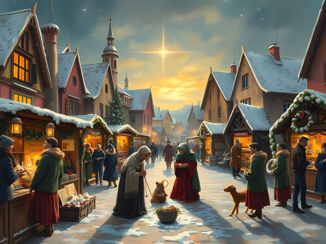 The spirit of Christmas | Snowy Christmas market scene in European village