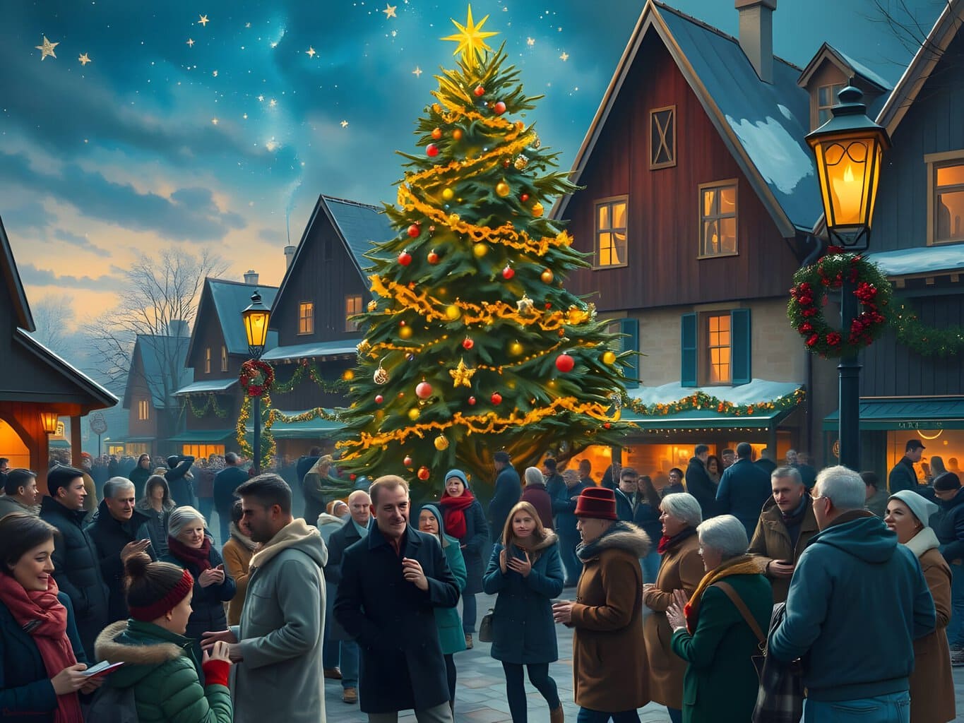 The spirit of Christmas | Crowd gathering around large outdoor Christmas tree at dusk