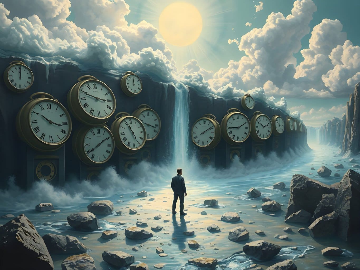 The Fluid Nature of Time “All That Is” as a Creative Process | a man standing in front of a wall of clocks
