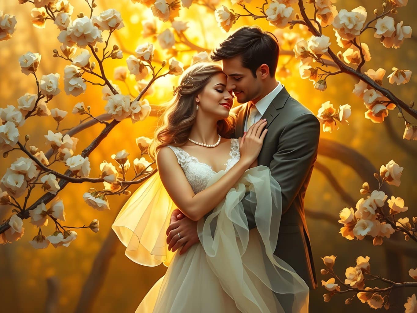 eternal life 1 Bride and groom embracing amid blooming tree at sunset