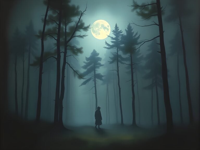 Person under full moon in misty pine forest