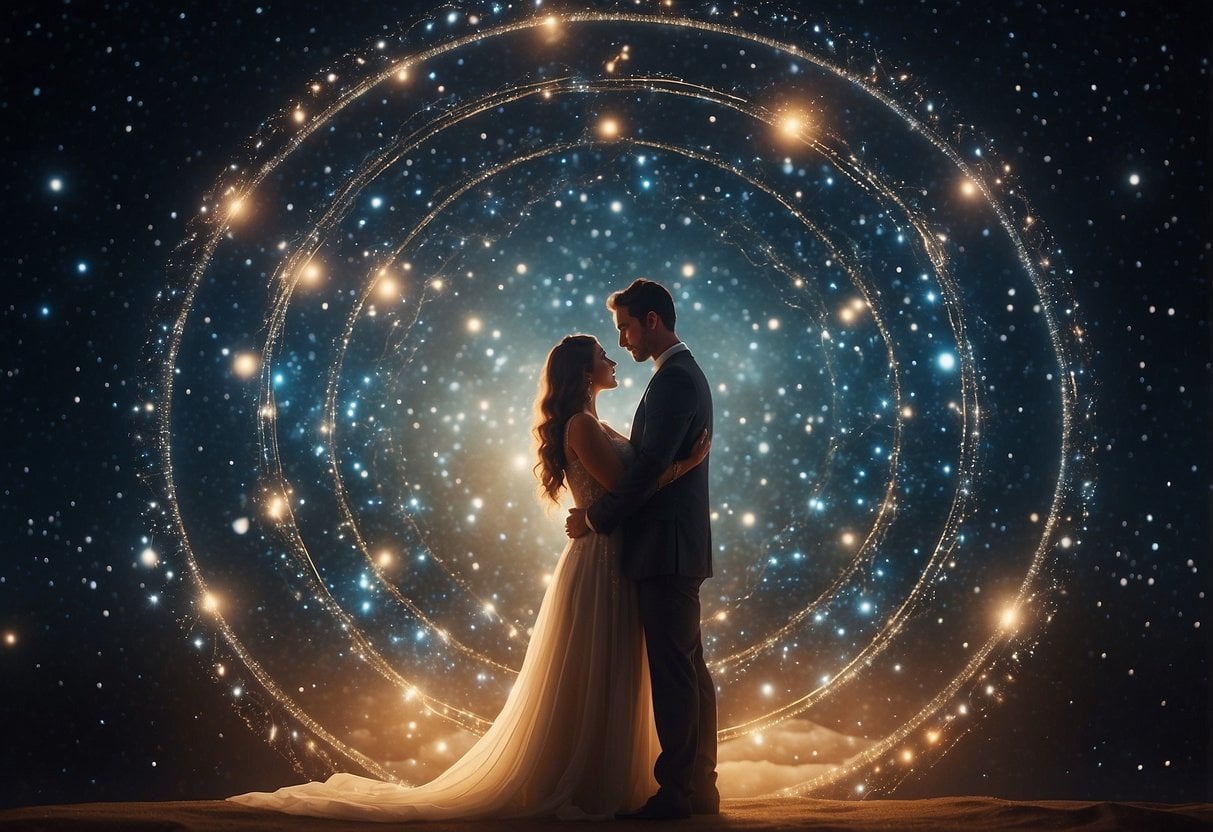 eternal life 2 eternal life | Couple embracing under cosmic light rings at night