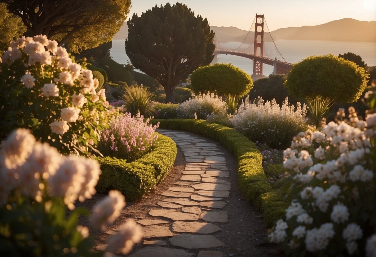 eternal life 3 eternal life | Sunlit garden path leading to Golden Gate Bridge