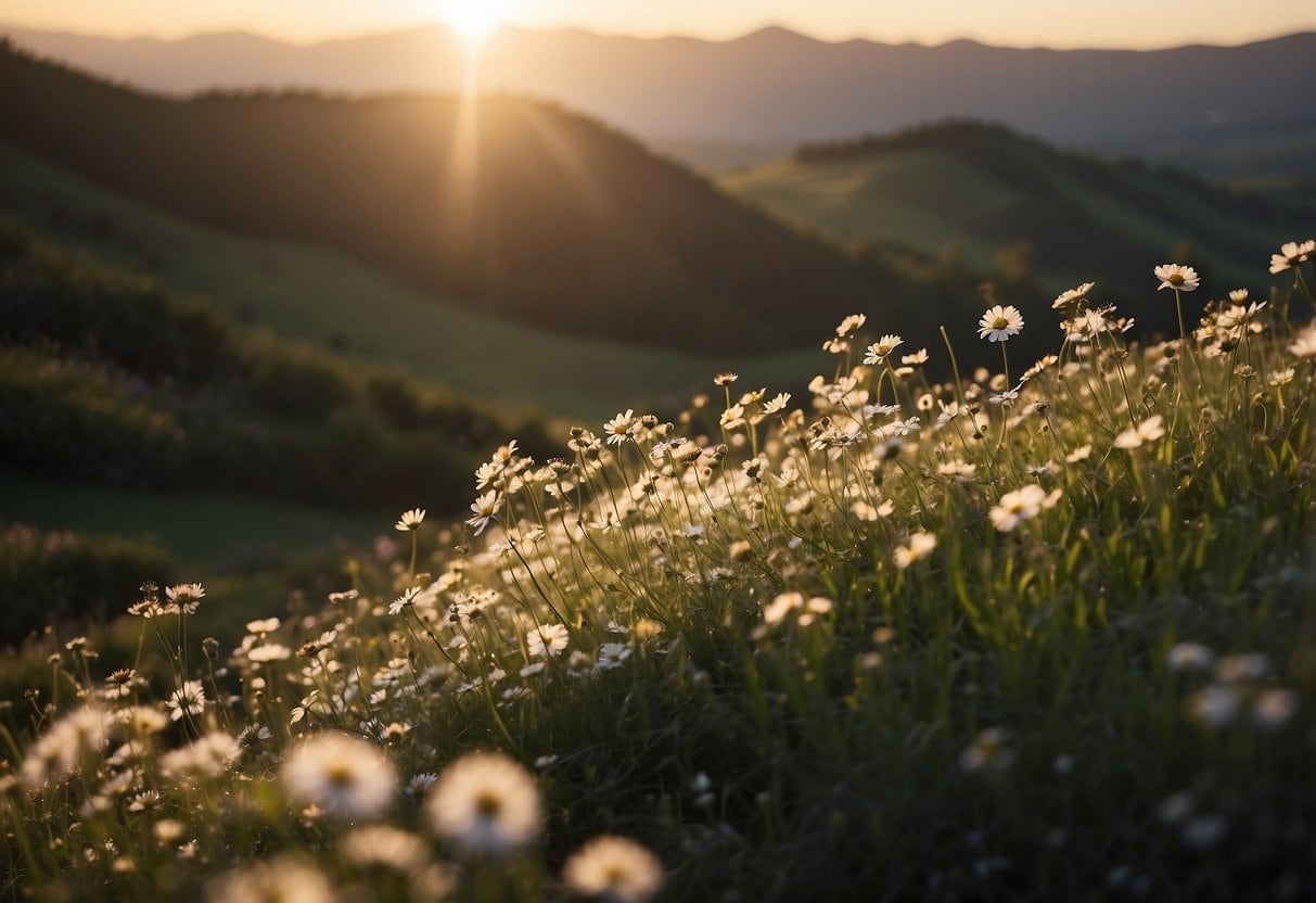eternal life 5 eternal life 5 | Sunset over daisy field with distant hills