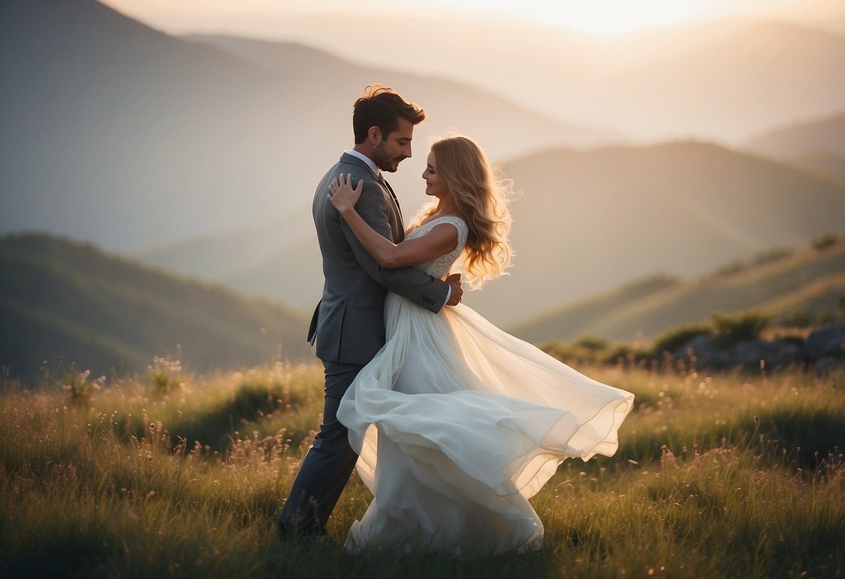 eternal life 7 eternal life | Couple embracing in sunset-lit mountain meadow