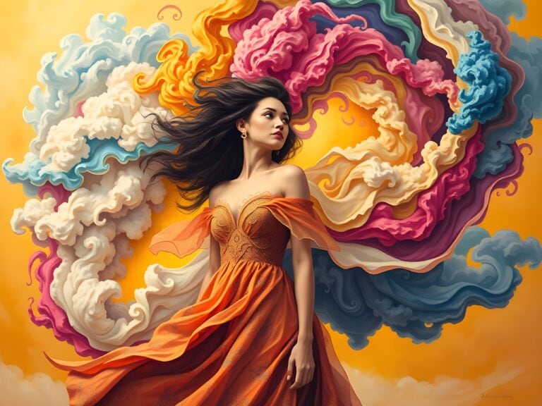 Concentration Reinforces The Quality Which Is Concentrated Upon | Woman with flowing hair among vibrant swirling clouds
