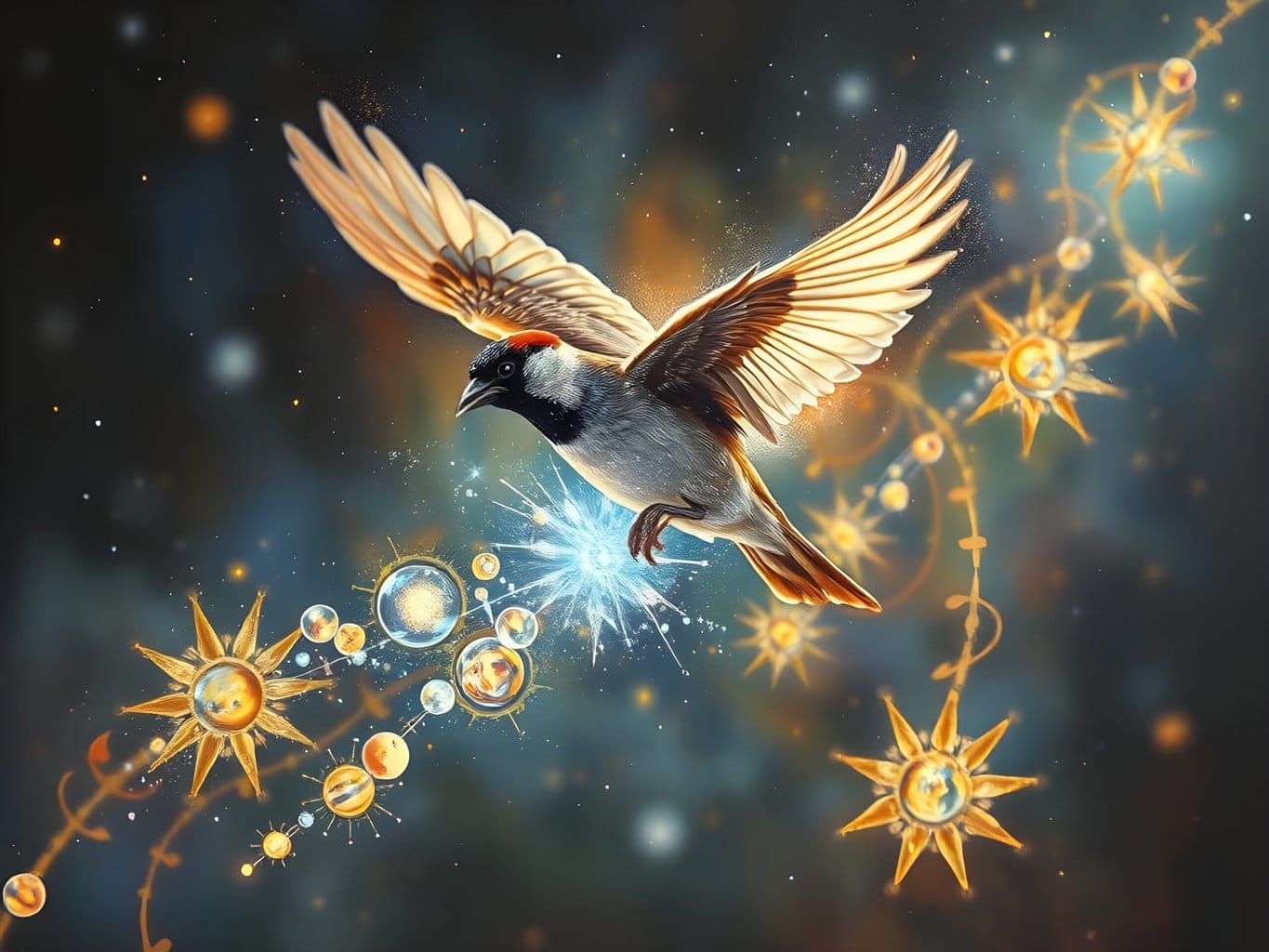 Lecture on God | Illustration of bird flying amid glowing celestial orbs