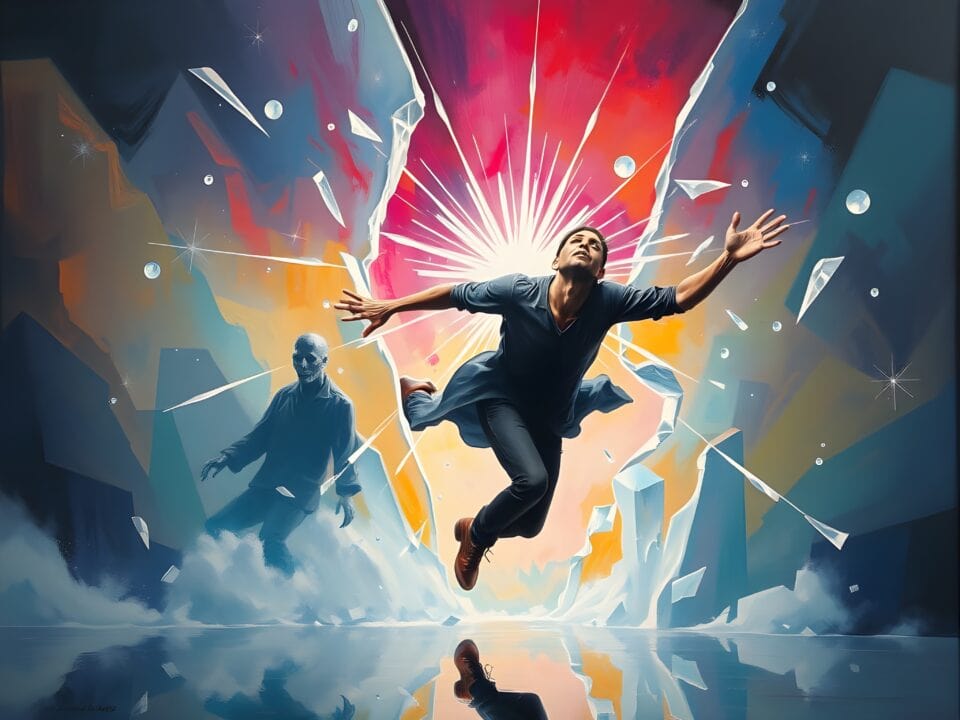 Path of Experience | Man leaping dynamically through surreal, colorful shattered landscape