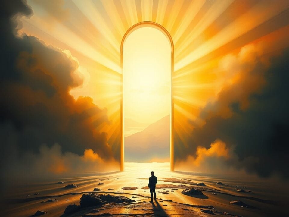 Path of Experience | Person standing before glowing archway on sunlit beach.