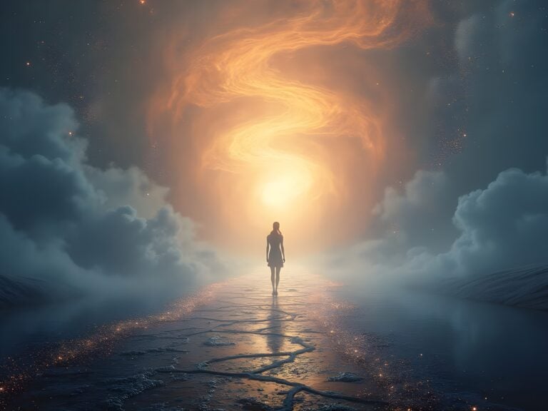 Person walking towards fiery vortex over icy landscape
