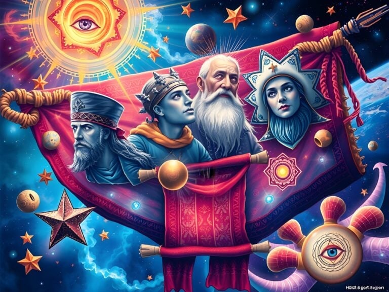 Aspects of multidimensional personality | Vibrant cosmic illustration with mystical astrological figures.