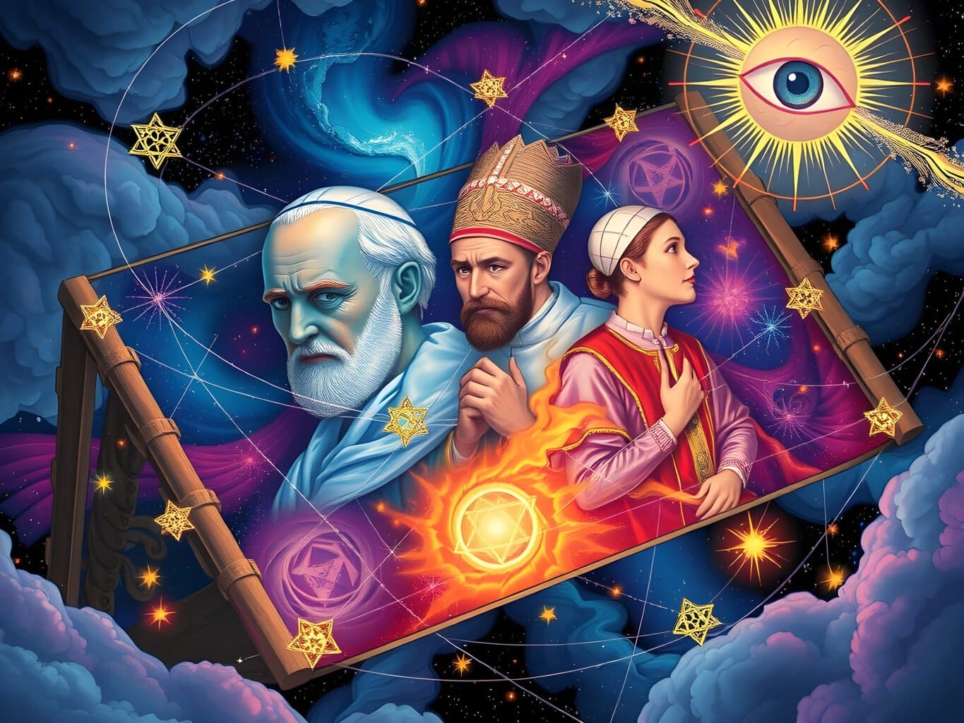 tapestry of the multidimensional self Aspects of multidimensional personality | Historical figures observing cosmos with mystical symbols
