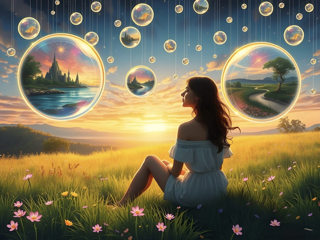 Woman contemplating sunset with floating fantasy bubbles