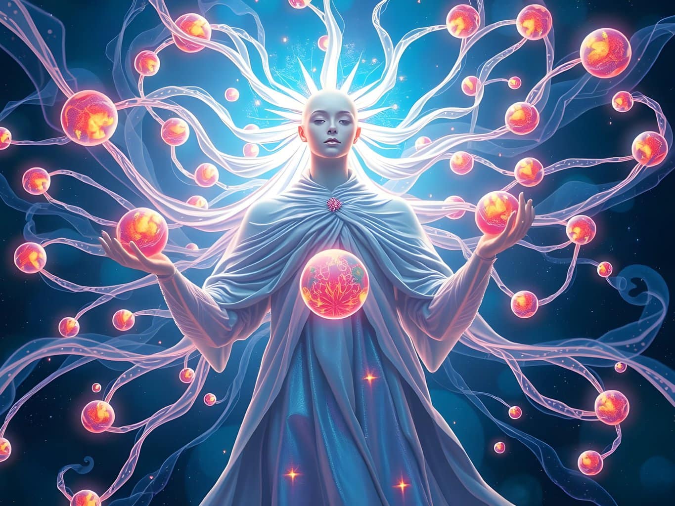 Mystical cosmic goddess with glowing orbs and tendrils