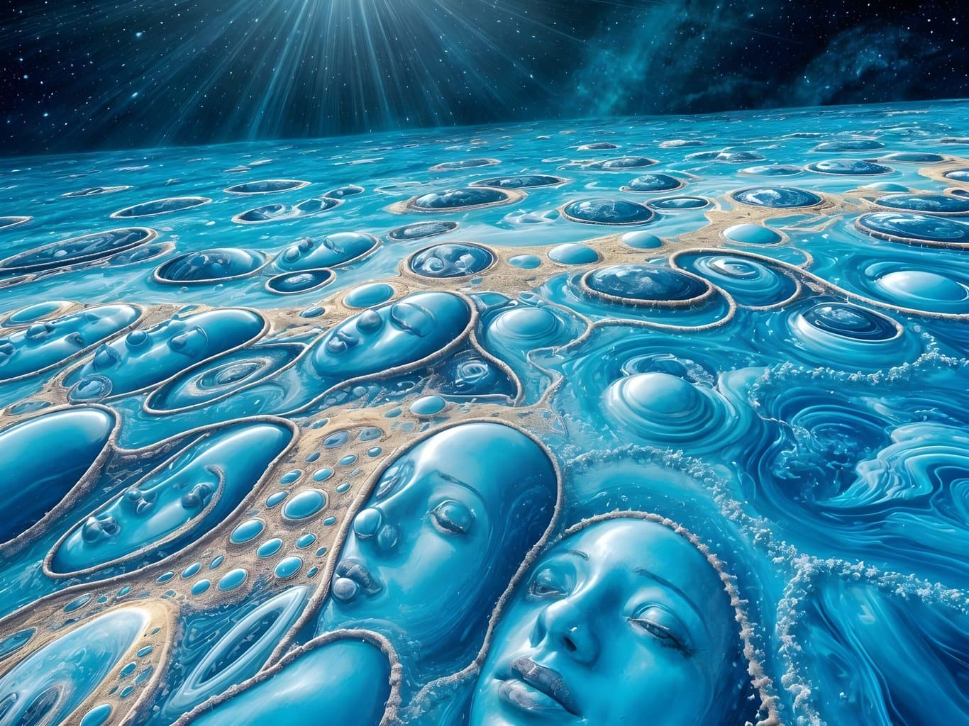 the dynamic nature of all that is (flowing consciousness) God Explained | Surreal artwork of faces merging with liquid forms