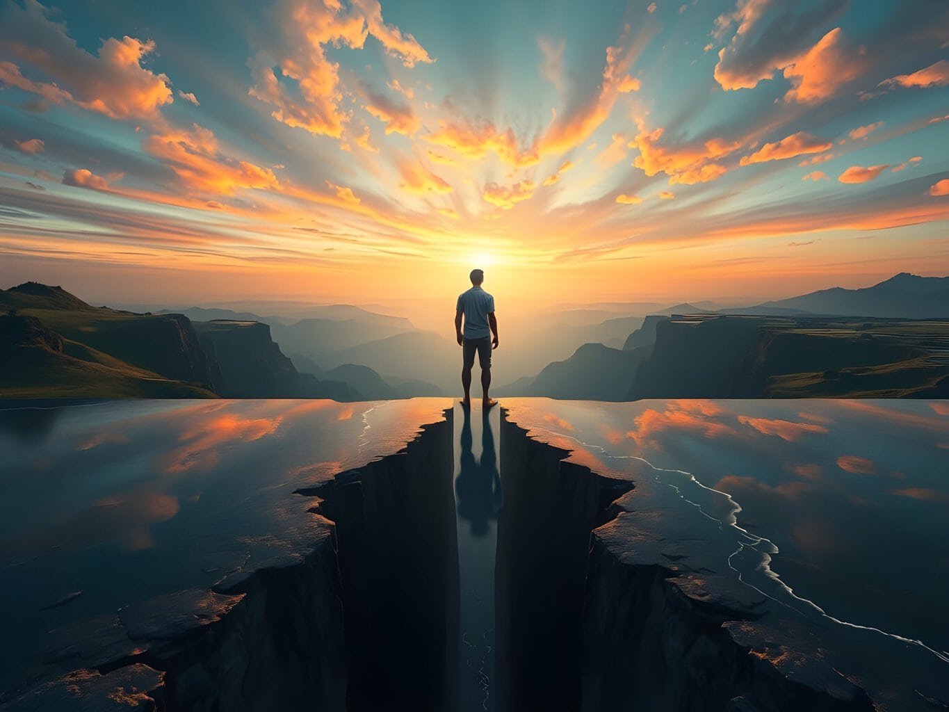 the illusion of the chasm The infinite creative nature of being | Person on cliff during sunset overlooking reflective water