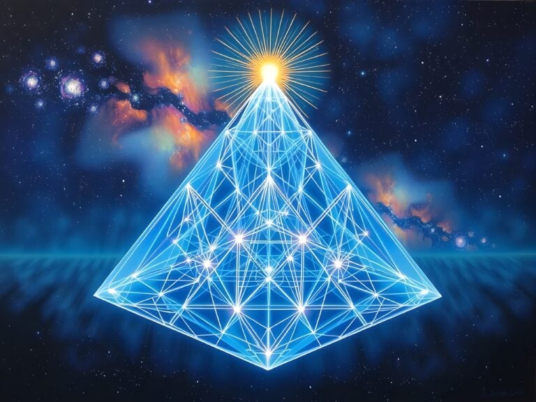 God Explained | Illuminated geometric pyramid against cosmic starry background