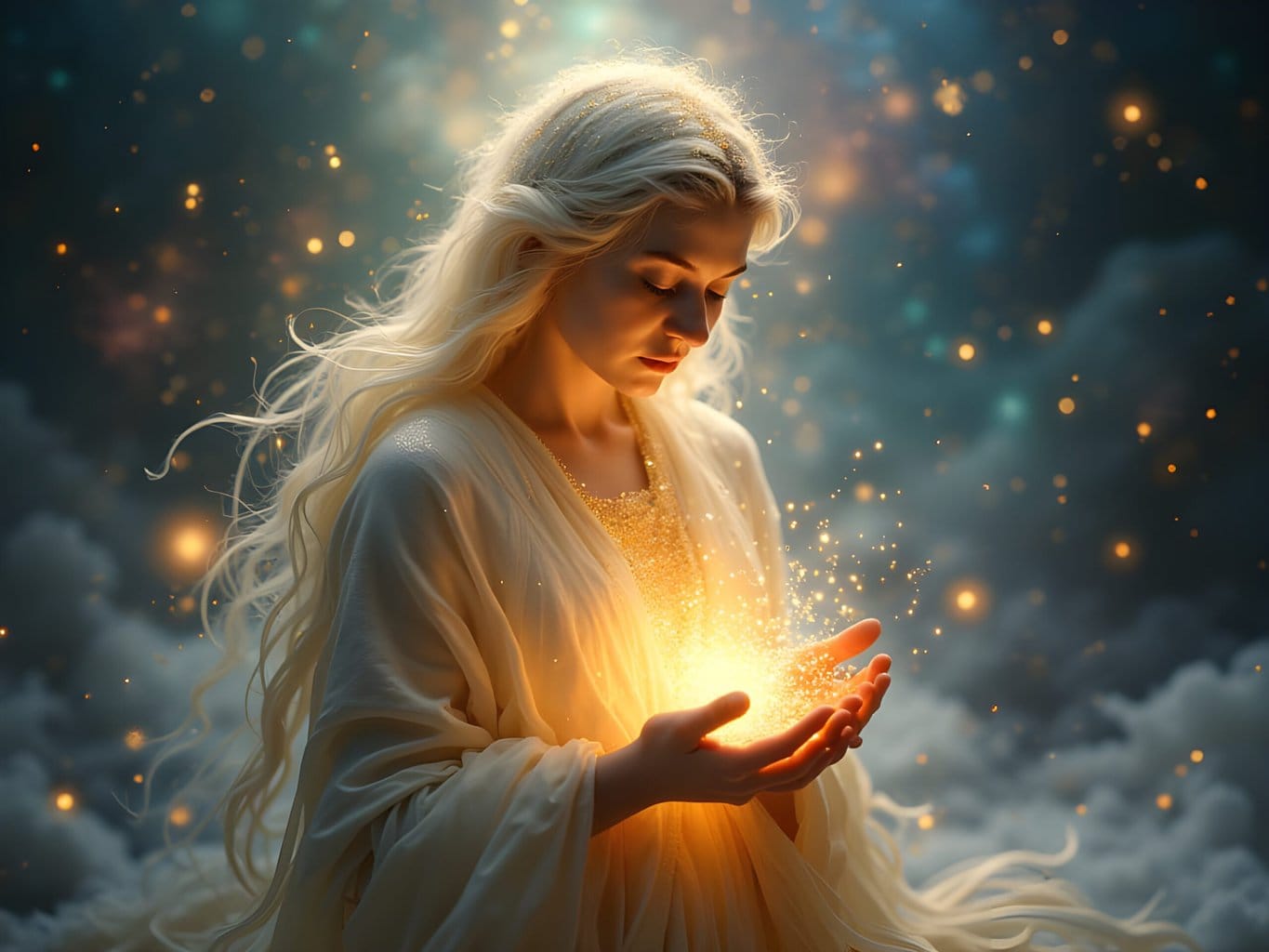 Blonde woman holding glowing lights, ethereal night background
