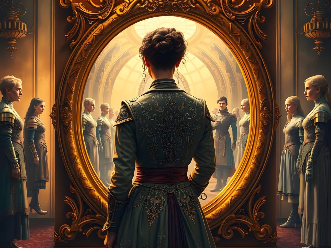 the mirror of the self 1 The infinite creative nature of being | Woman facing ornate mirror reflecting multiple regal figures