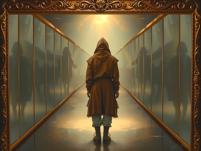 The infinite creative nature of being | Cloaked figure facing golden gate and shadowy figures