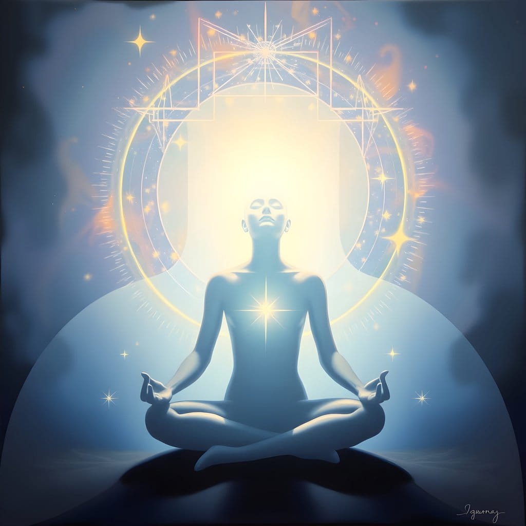 the personal god within (inner reflection) God Explained | Illustration of person meditating with cosmic background