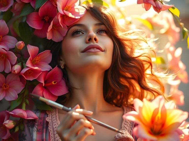 Woman surrounded by vibrant pink flowers holding paintbrush