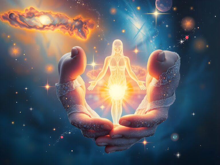 Surreal cosmic artwork depicting human evolution and energy