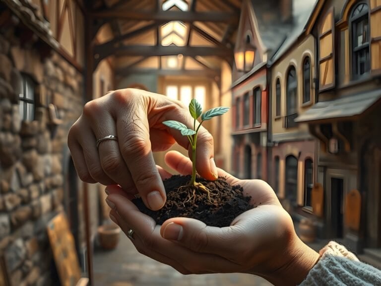 You shape society | Hands nurturing young plant in old European street