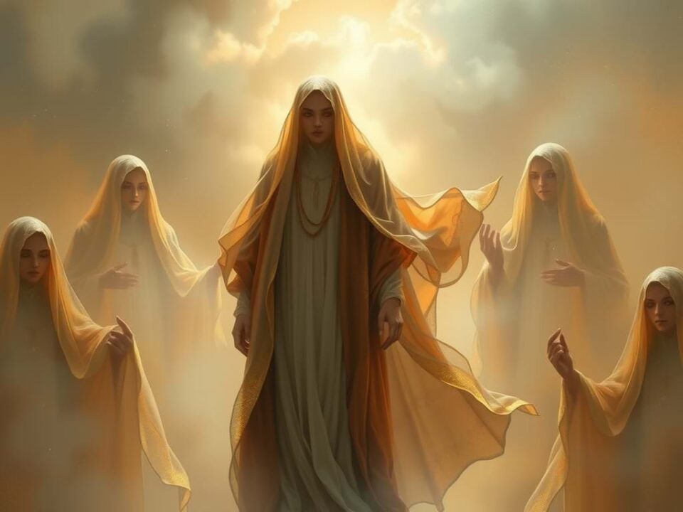 the center of yourself | Mystical figures in flowing robes under luminous clouds