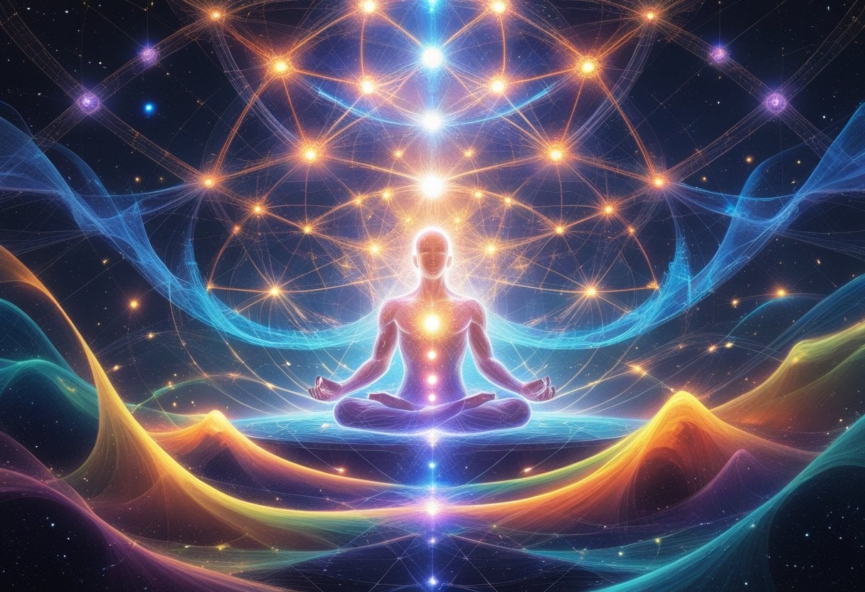 A translucent human figure meditating surrounded by glowing geometric shapes, energy flows, and cosmic patterns representing the layers and interconnectedness of reality.