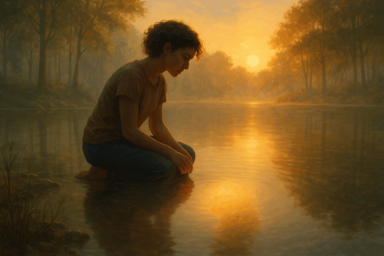 Healthy relationships | Person kneeling by river at sunrise in misty forest