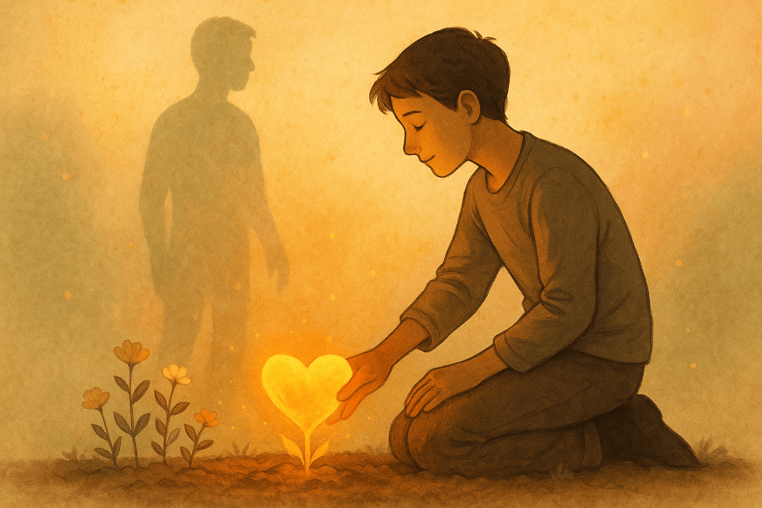 healthy relationships | becoming the right person Healthy relationships | Boy nurturing heart-shaped plant, ghostly figure in background