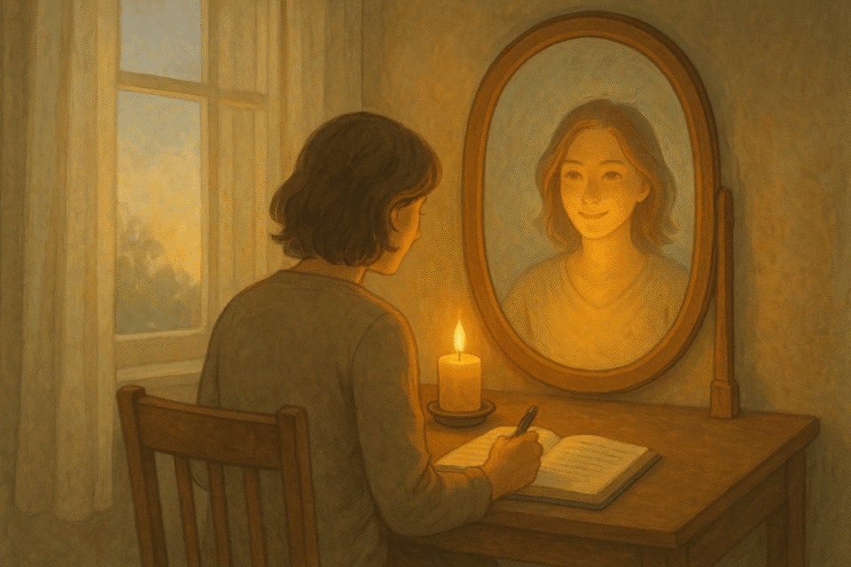 Healthy relationships | Woman writing in journal by candlelight, reflection in mirror