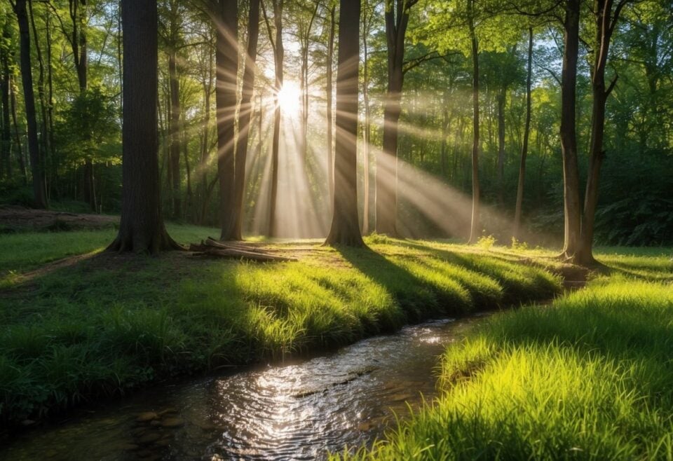 Sun rays piercing through trees over a forest stream