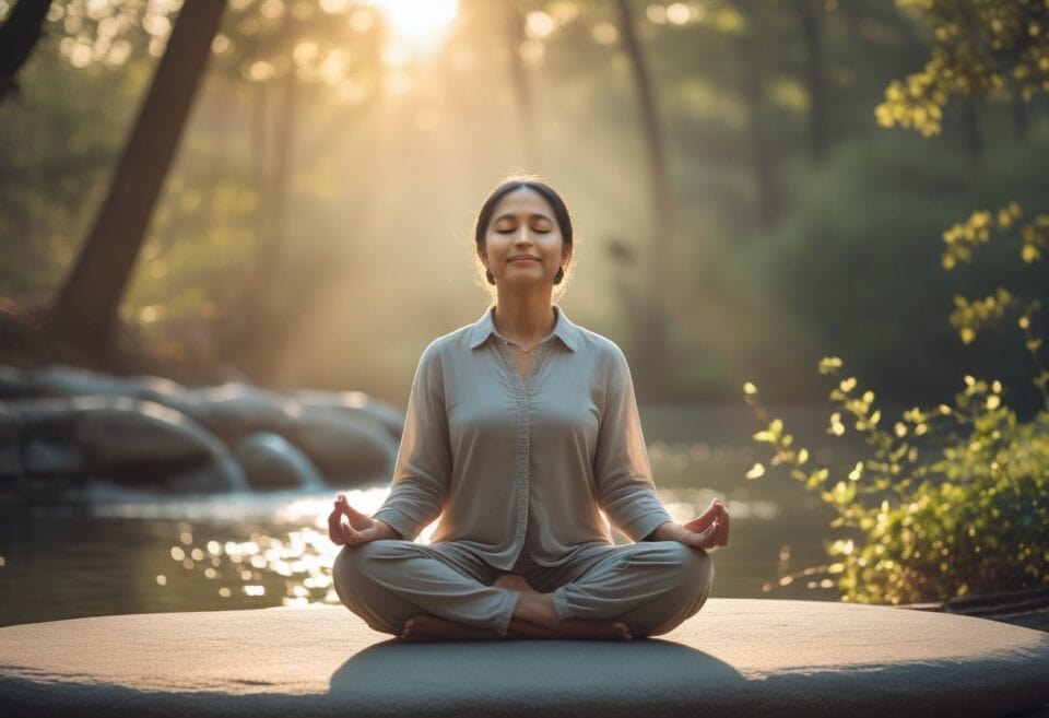 parallel universes and choices | Woman meditating by river at sunrise