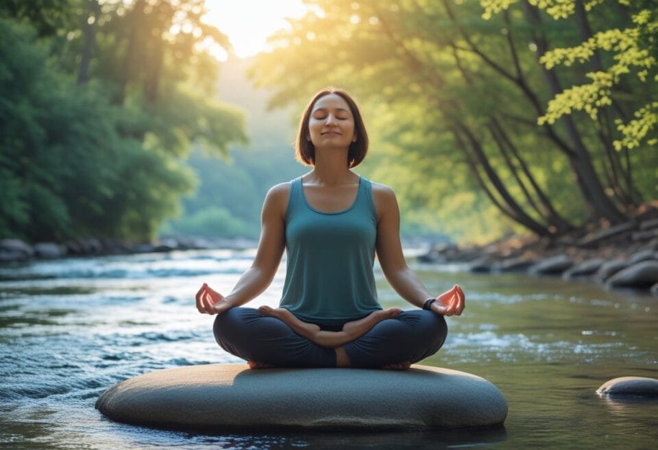 parallel universes and choices | Woman meditating on river rock at sunset