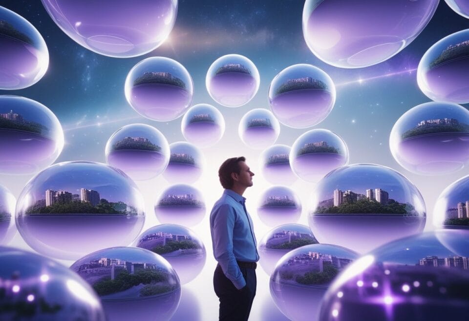 Probable Realities | Man surrounded by floating bubbles with cityscapes inside