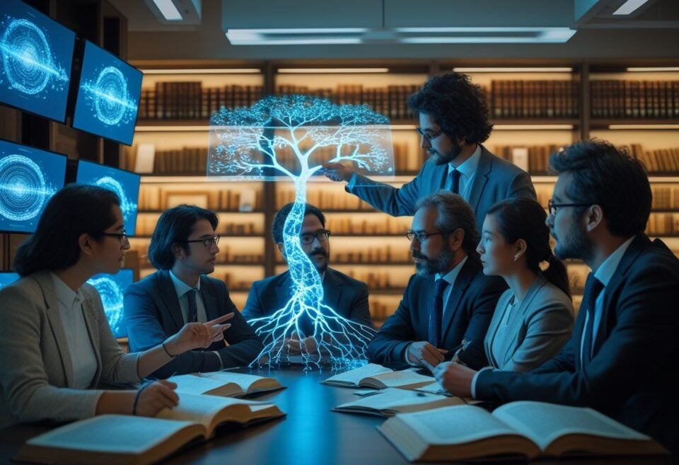 Probable Realities | Team discussing digital brain model in high-tech office